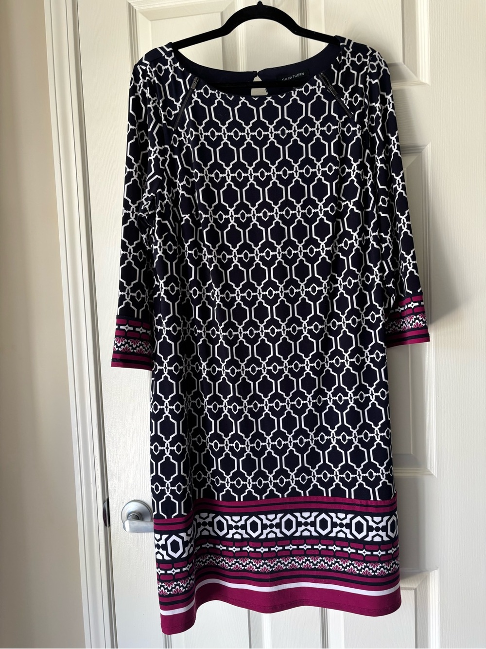 41 Hawthorn Navy & White Geometric Midi Dress with Pink Trim